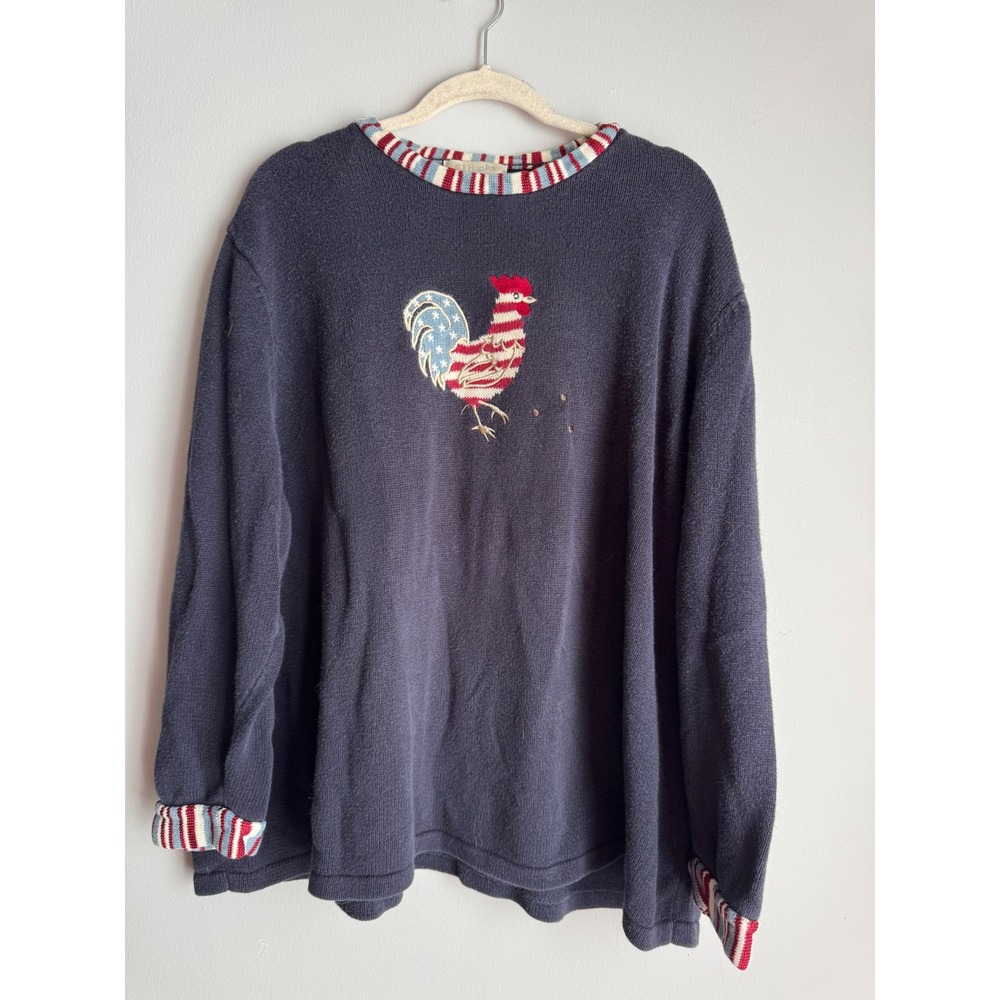 Vintage CJ Banks Navy Blue Americana Rooster Sweater 3X Patriotic Striped Trim